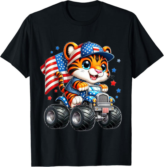 Patriotic Tiger Riding Monster Truck 4th July American Flag T-Shirt