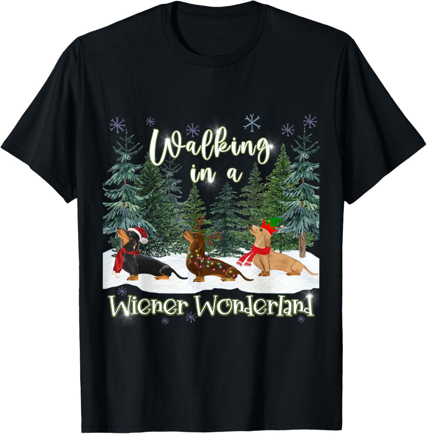 Unisex-Adults Winter Walking Dachshund Trio T-Shirt - Black, Small