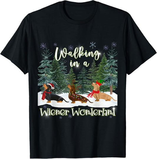 Unisex-Adults Winter Walking Dachshund Trio T-Shirt - Black, Small