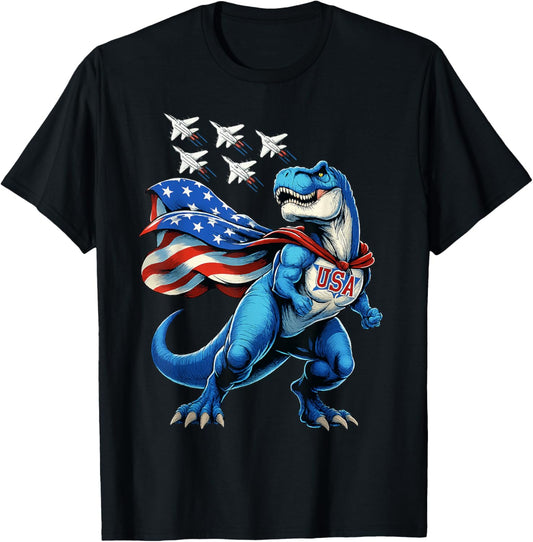 Patriotic Amerisaurus T-Rex USA Flag Jets 4th of July Kids T-Shirt