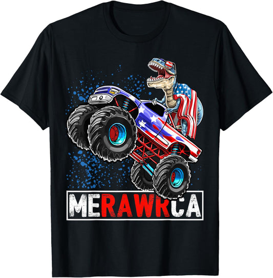 Merica Dinosaur Monster Truck 4th of July American Flag Boys T-Shirt
