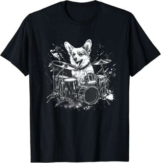 Funny Corgi Dog Playing Drums T-Shirt