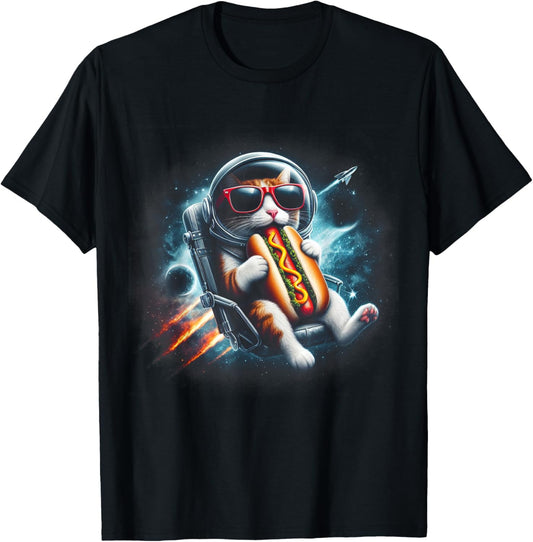 Funny Cat eating Hotdog in space kitty Space Galaxy T-Shirt