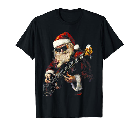 Retro Rock Santa Claus Plays Bass Guitar Paints Art T-Shirt