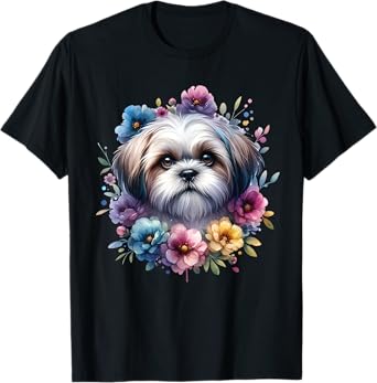 Watercolor Floral Shih Tzu Mama Dog Lovers Mother's Day T-Shirt