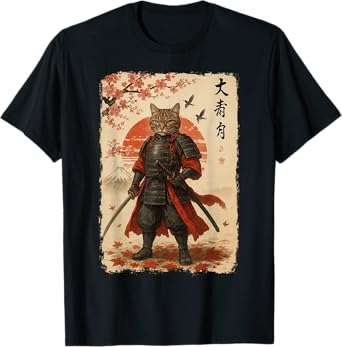 Samurai Cat Vintage Warrior Ukiyo Japanese Art Cat Gifts Men Women Kids T-Shirt