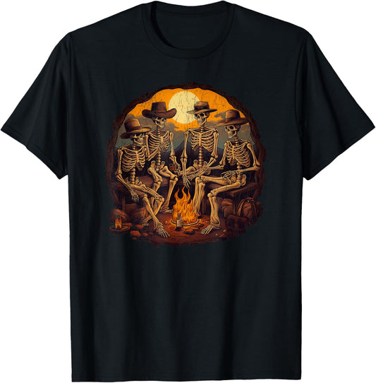 Cowboy skeletons sitting on the fire retro distress T-Shirt