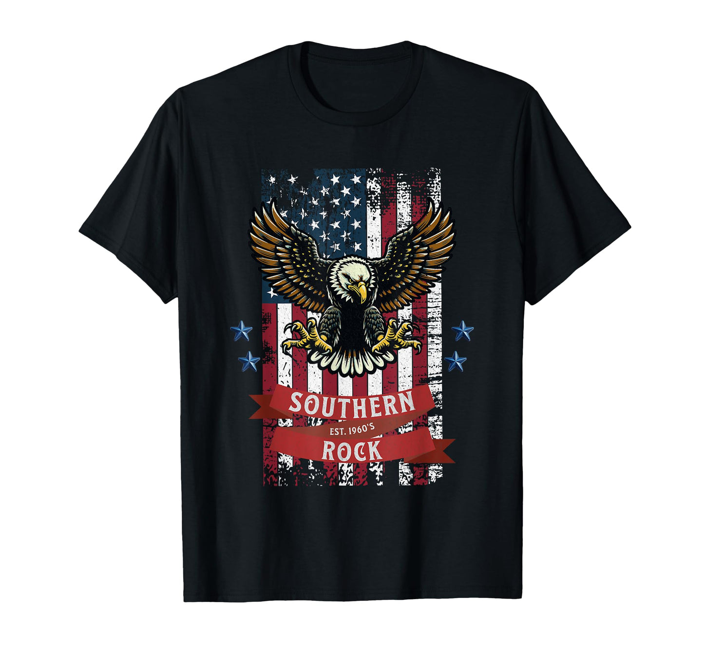 Southern Rock Est. 1960s - Vintage Eagle & Flag Design T-Shirt, Small, Black