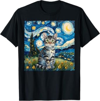 Van Gogh Style Funny Gray Tabby Tiger Cat Lover Starry Night T-Shirt