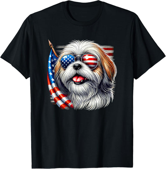 American USA Flag Shih Tzu Shih Tzus 4th Of July Patriotic T-Shirt