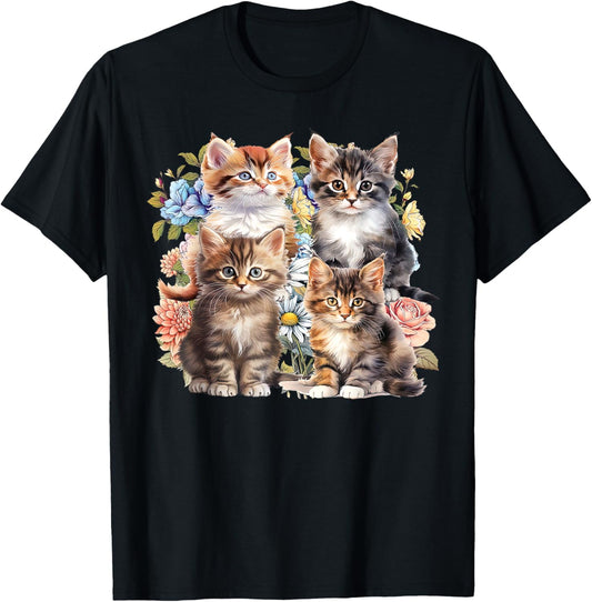 Vintage Cute Kitten Flower Cat Lover Cottagecore Aesthetic T-Shirt