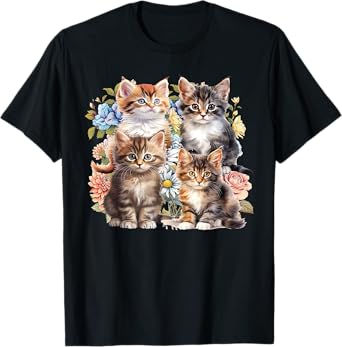 Vintage Cute Kitten Flower Cat Lover Cottagecore Aesthetic T-Shirt