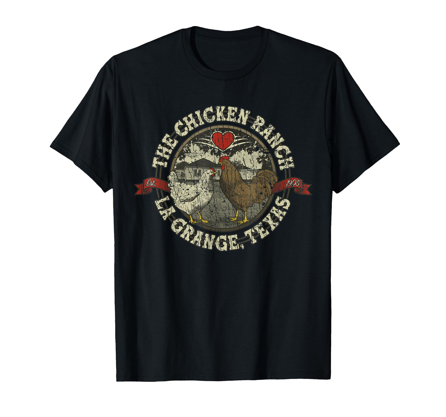 The Chicken Ranch La Grange 1905 Vintage Retro Distressed T-Shirt - Black, Small, Short Sleeve, Crew Neck, Classic Fit, Rayon, Letter Print, Women's, Girls, Casual, All Seasons