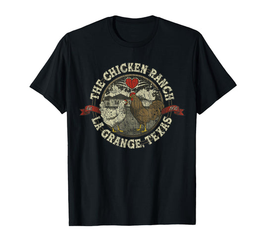 The Chicken Ranch La Grange 1905 Vintage Retro Distressed T-Shirt - Black, Small, Short Sleeve, Crew Neck, Classic Fit, Rayon, Letter Print, Women's, Girls, Casual, All Seasons