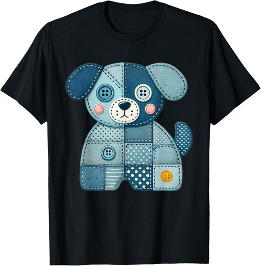 Retro Funny Denim Patch Animal Dog T-Shirt