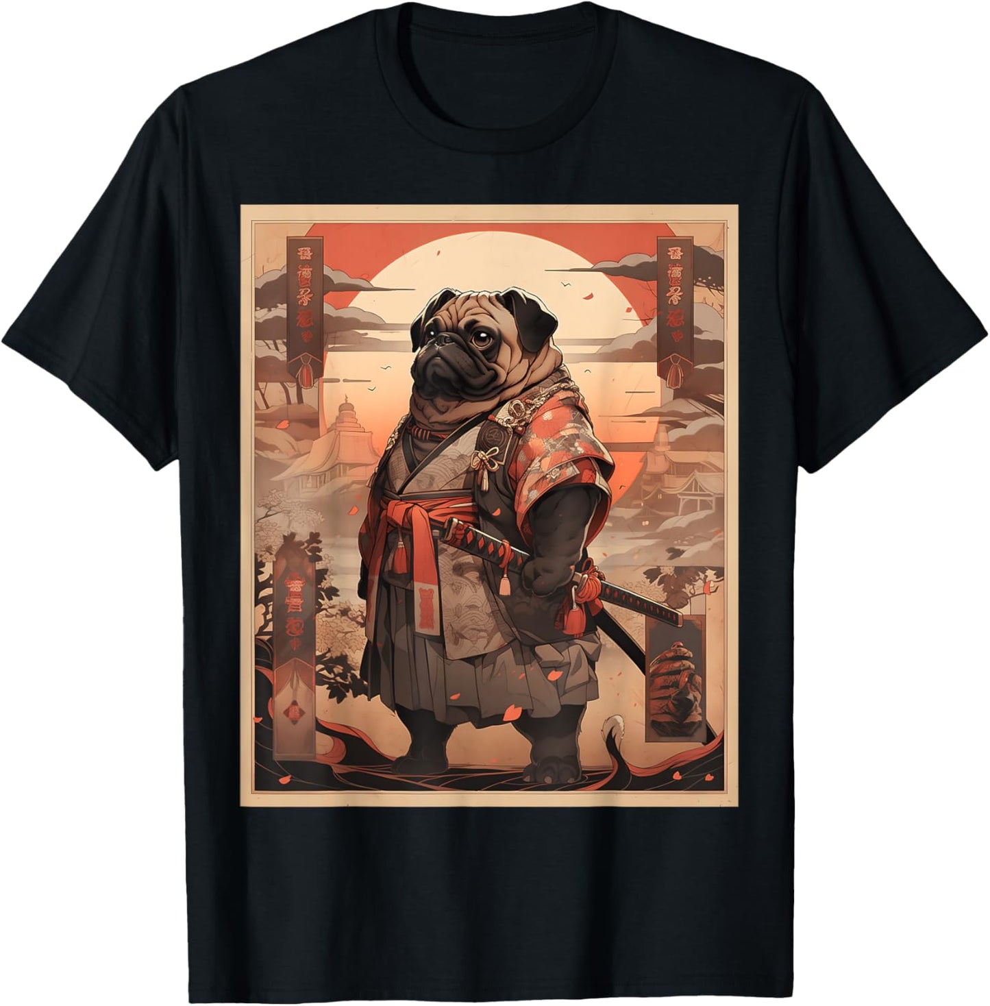 Samurai Pug Dog Retro Japanese Ukiyo-e Vintage Aesthetic T-Shirt