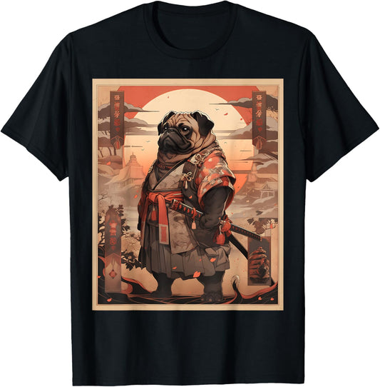 Samurai Pug Dog Retro Japanese Ukiyo-e Vintage Aesthetic T-Shirt