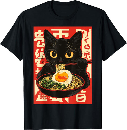 Kawaii Cat Eating Ramen Noodle Anime Retro Japanese T-Shirt