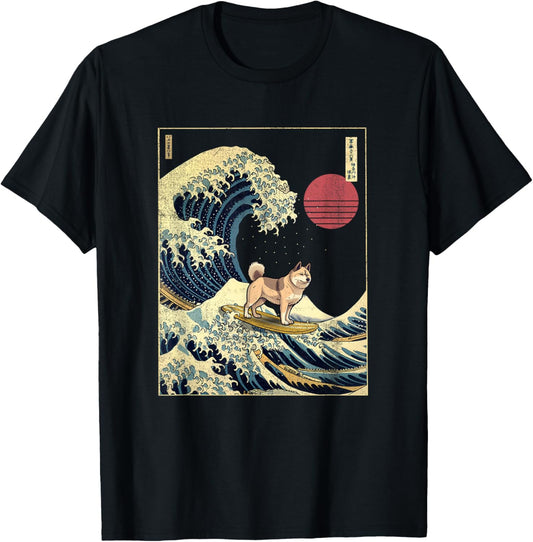 Akita Japanese Kanagawa Wave Funny Surf Dog T-Shirt