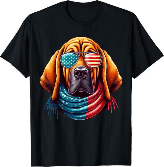 Bloodhound USA Flag Sunglasses Patriotic Dog 4th of July T-Shirt