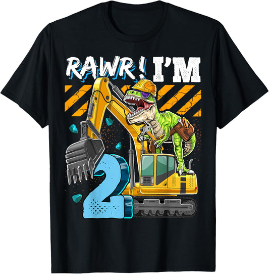 T Rex Dinosaur Construction Hat Excavator 2nd Birthday Boys T-Shirt