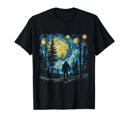 Funny Bigfoot Starry Night Sasquatch Van Gogh Sky Painting T-Shirt