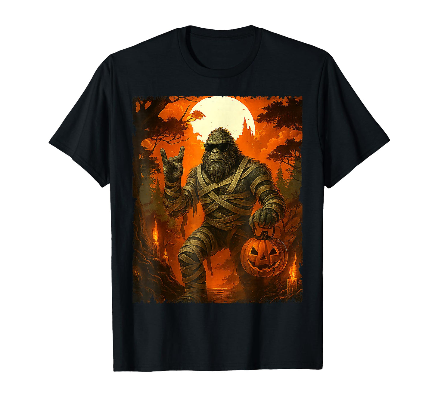 Bigfoot Mummy with Jack O’Lantern Funny Halloween Costume T-Shirt
