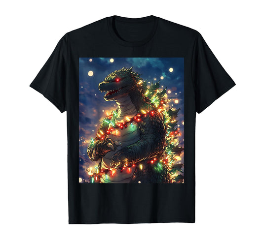 Japanese Monster Kaiju Santazilla Christmas Tree Lights T-Shirt
