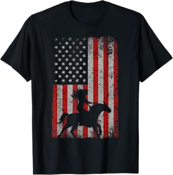 AMERICAN FLAG Cowboy Women Gift Horseback Equestrian Horse T-Shirt