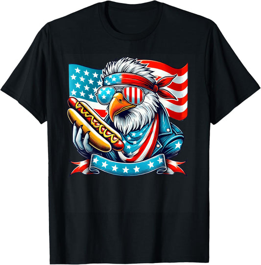 4th of July USA Flag Bald Eagle Hotdog Patriotic Men Boys T-Shirt