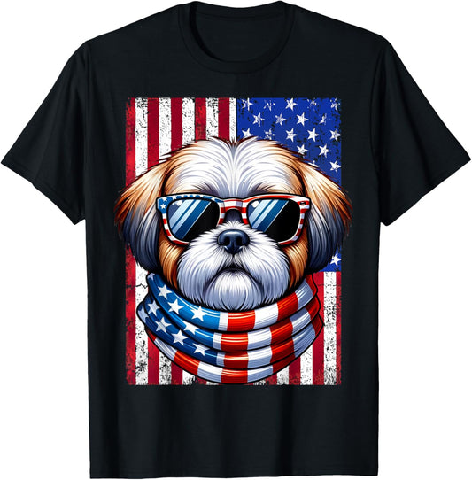Shih Tzu Wearing American Flag 4th of July Patriotic Dog T-Shirt