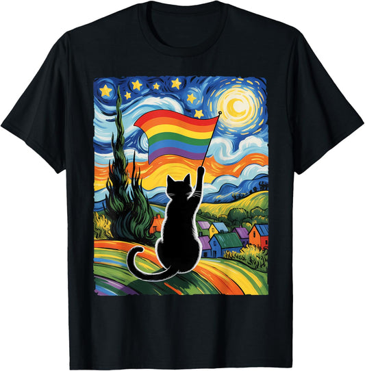 Gay Pride Cat Art Cat Starry Night Style LGBTQ Pride Support T-Shirt