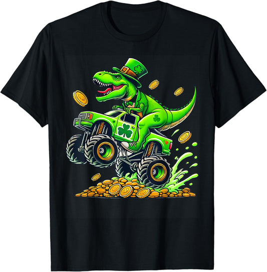 Boys Monster Truck T-rex Leprechaun St Patricks Day Kids T-Shirt