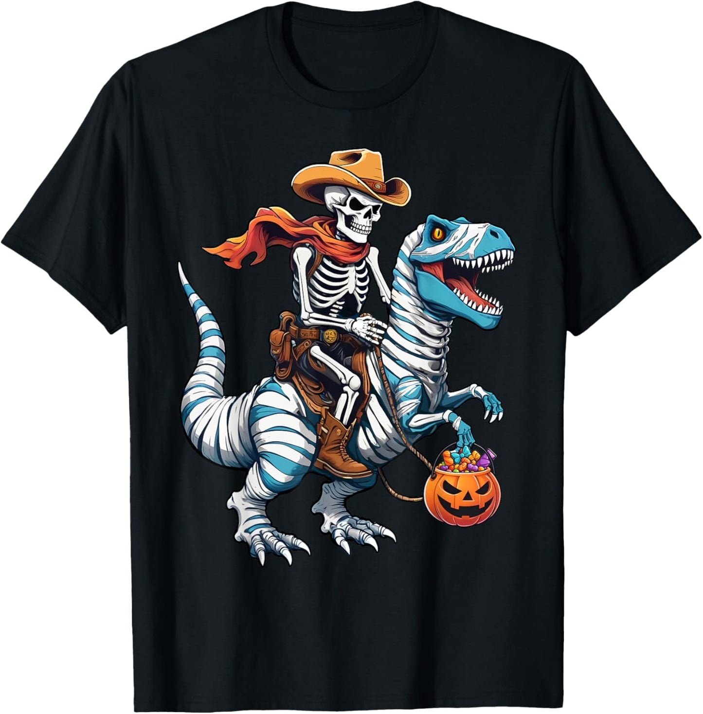 Skeleton Riding Mummy Dinosaur T-rex Funny Halloween Pumpkin T-Shirt