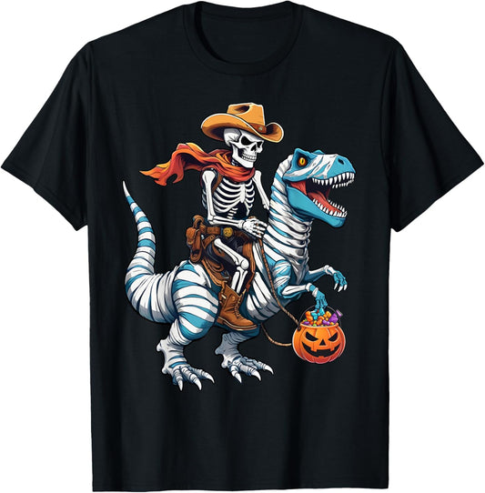 Skeleton Riding Mummy Dinosaur T-rex Funny Halloween Pumpkin T-Shirt