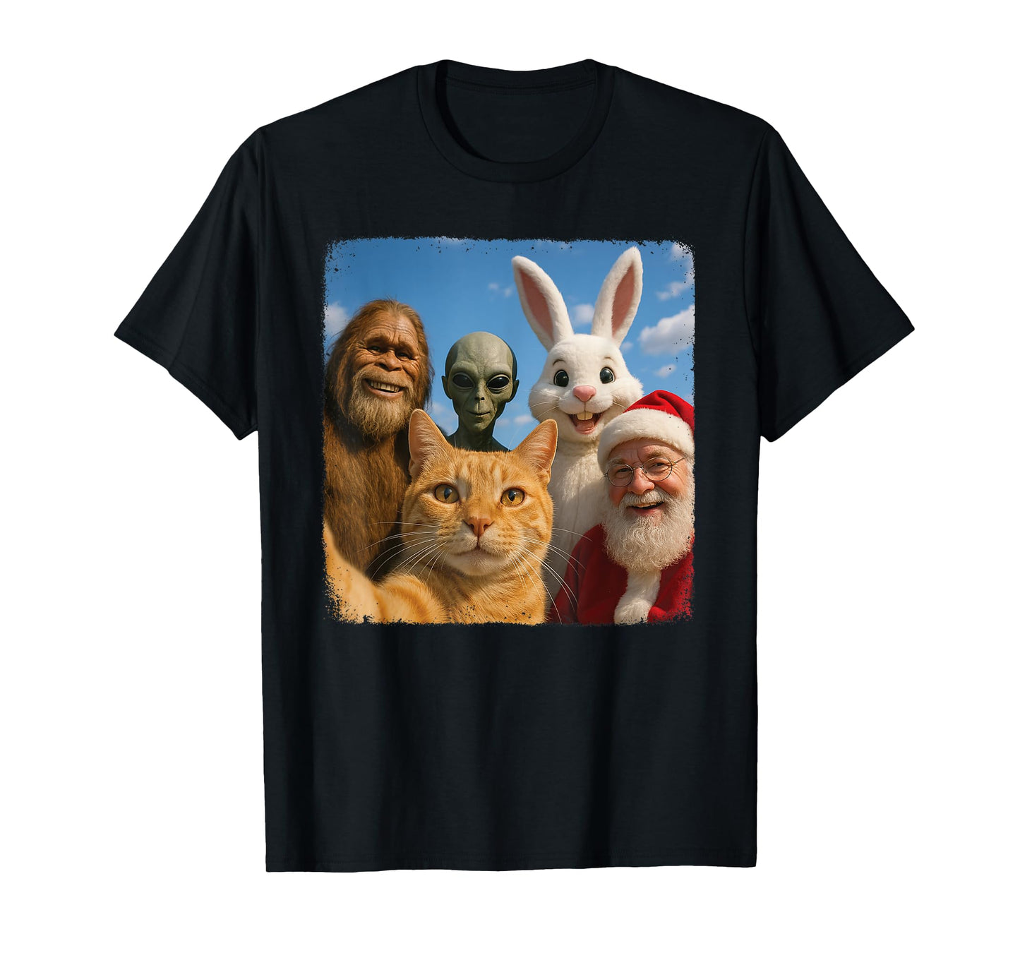 Cat Bigfoot Easter Bunny Alien Santa Selfie BFF Funny Photo T-Shirt for Men Women Kids