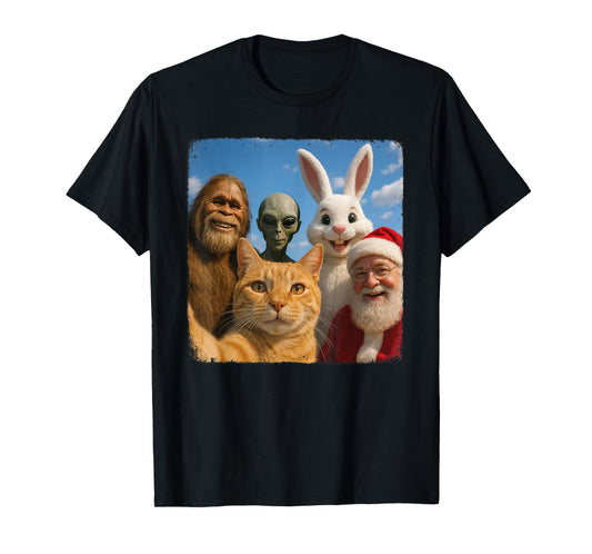Cat Bigfoot Easter Bunny Alien Santa Selfie BFF Funny Photo T-Shirt for Men Women Kids