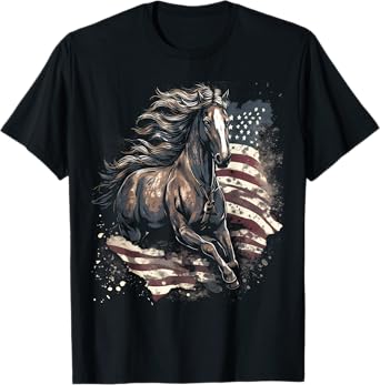 Patriotic Horse American Flag Horseback Riding Western Farm Women Kids Men T-Shirt