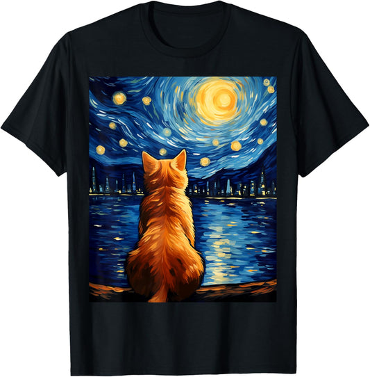 Vincent Van Gogh Starry Night Cat Funny Orange Cat Lover T-Shirt