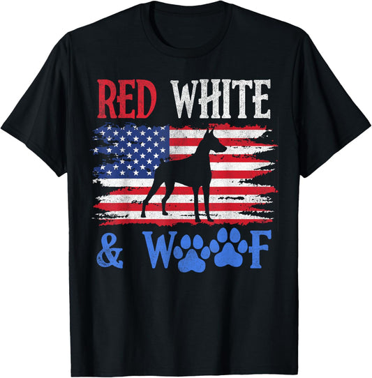 Doberman Pinscher American Flag USA Red White & Woof 4th of T-Shirt