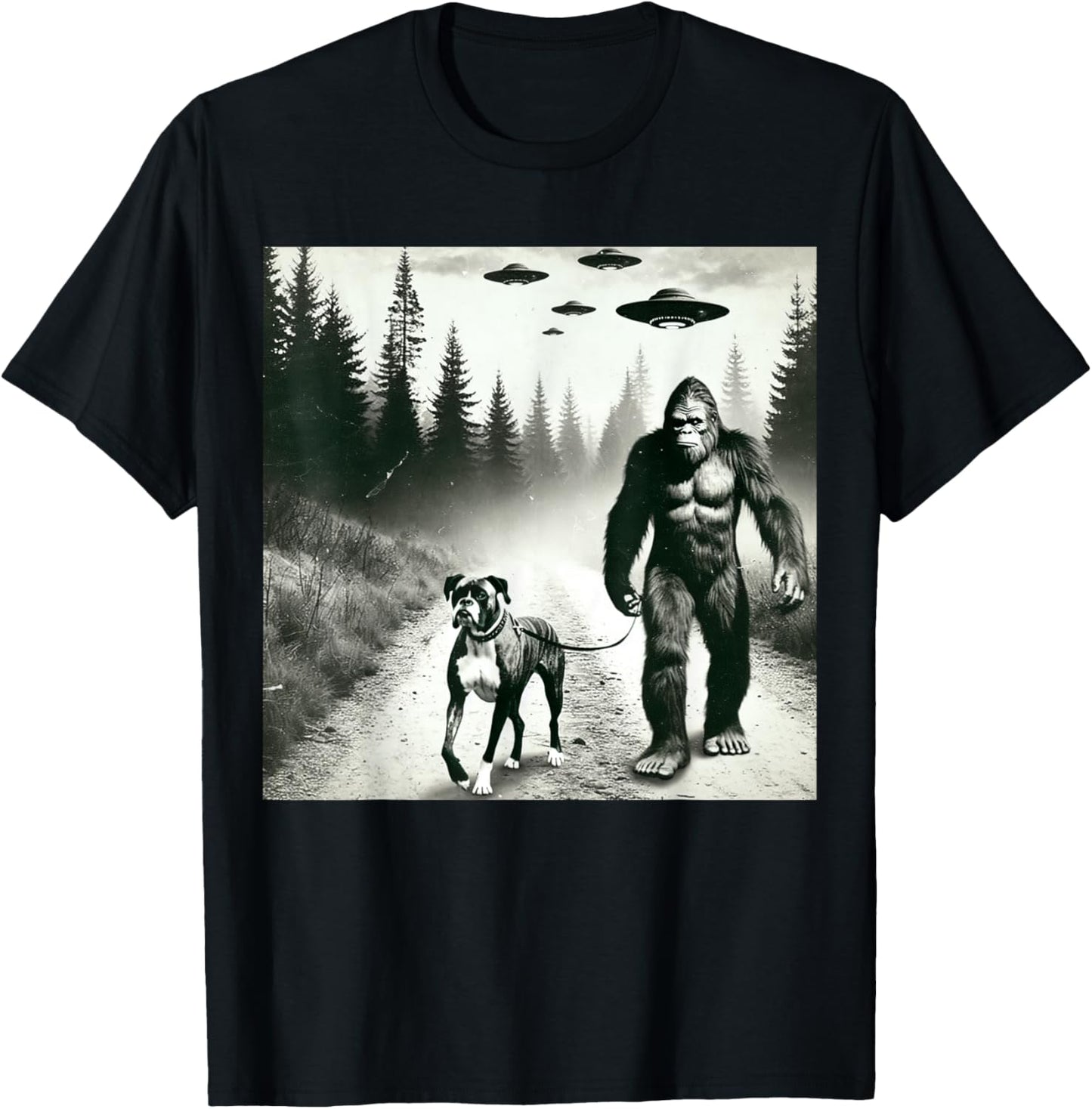 Funny Bigfoot Walking With Boxer Dog. Bigfoot And Dog UFO T-Shirt