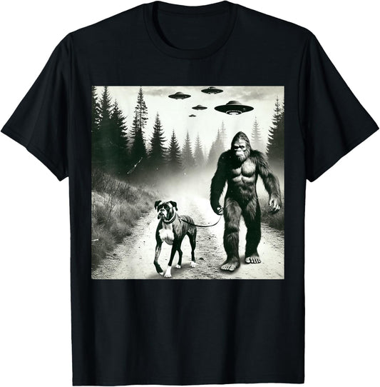 Funny Bigfoot Walking With Boxer Dog. Bigfoot And Dog UFO T-Shirt