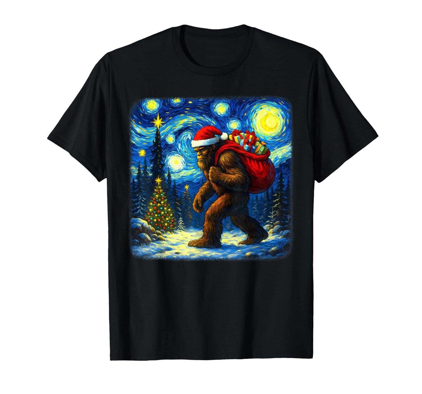 Bigfoot Santa Christmas Starry Night Sasquatch Van Gogh Art T-Shirt