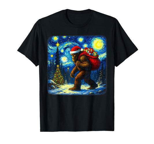 Bigfoot Santa Christmas Starry Night Sasquatch Van Gogh Art T-Shirt