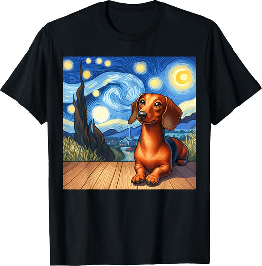 Funny Dachshund Sausage Dog in a Starry Night Van Gogh style T-Shirt