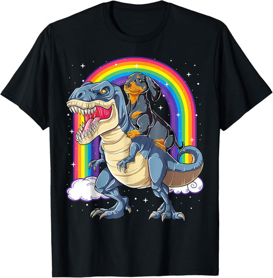 Dachshund Riding Dinosaur T rex Gifts Boys Kids T-Shirt