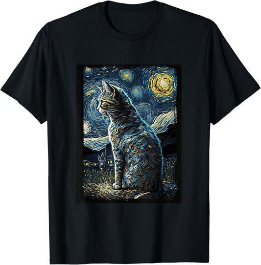 Van Gogh's Starry Night Cat Lover Cat Mom T-Shirt
