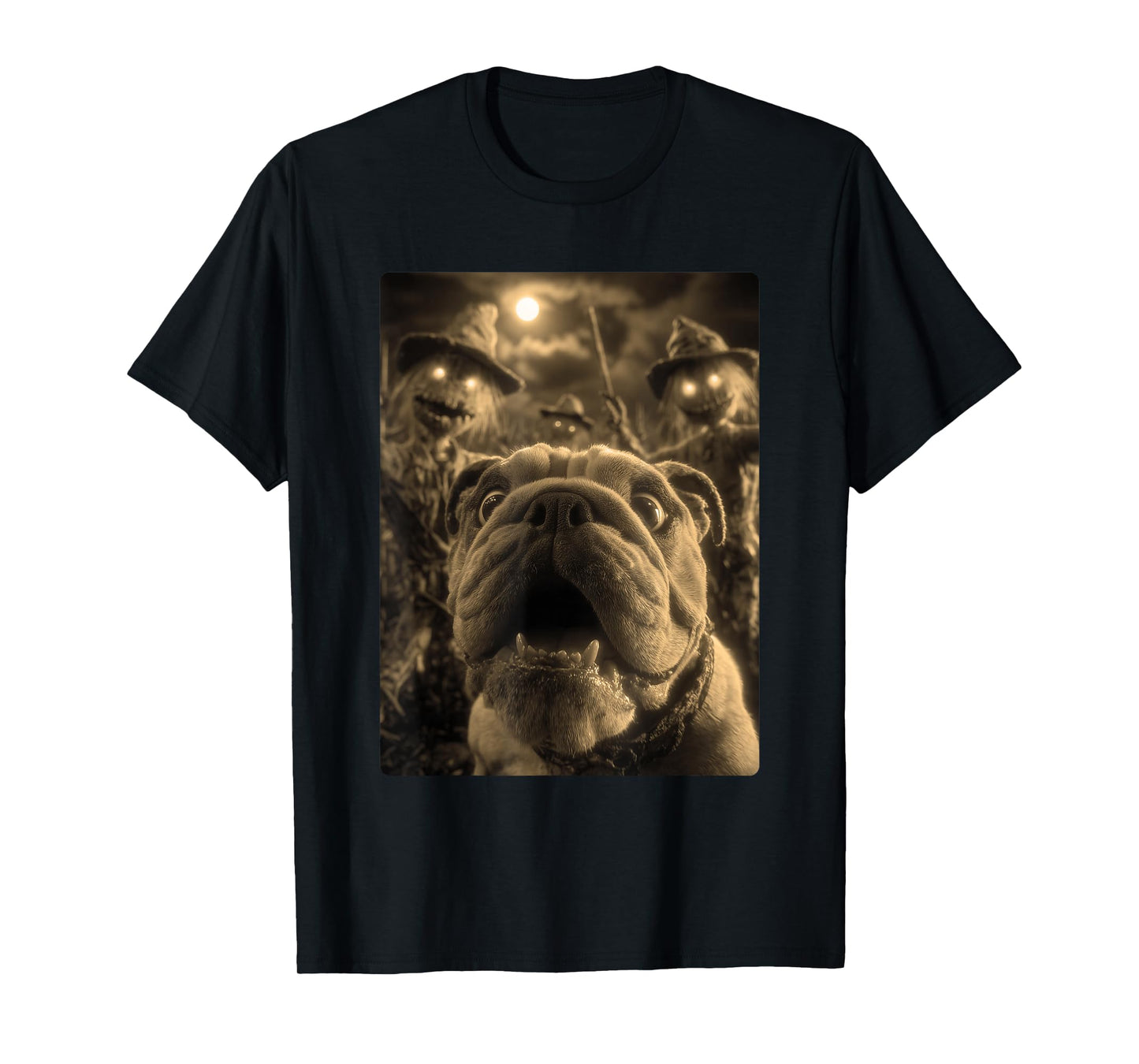 Vintage Bulldog Selfie with Spooky Scarecrows Halloween Dog T-Shirt