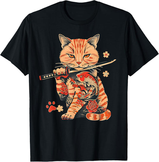 Japanese Samurai Yakuza Tattoo Cat T-Shirt