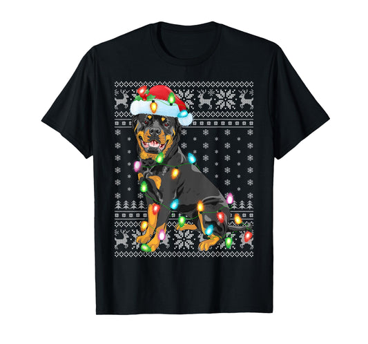 Ugly Sweater Xmas Lights Santa Hat Rottweiler Dog Christmas T-Shirt